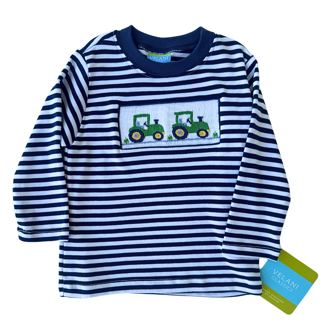 Navy Stripe Smocked Tractor Tee