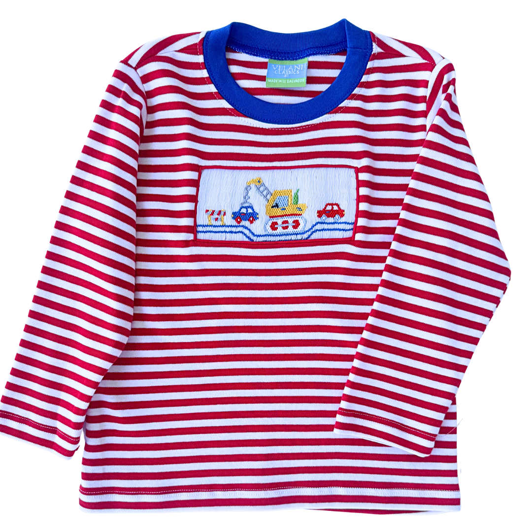 Red Stripe Smocked Transporation Tee